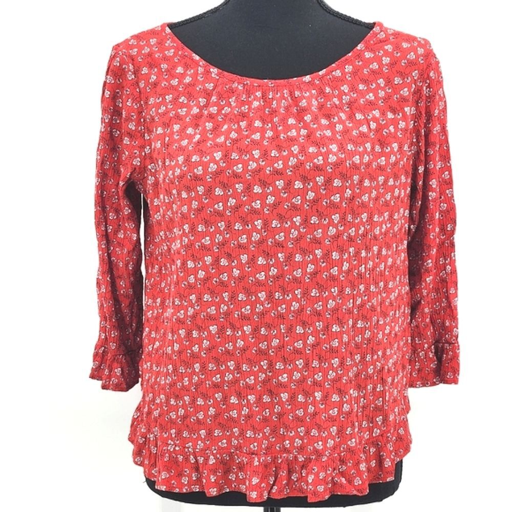 Gap Blouse Top Womens Small Red Floral 3/4 Sleeves Hem Shirred Peasant Prairie